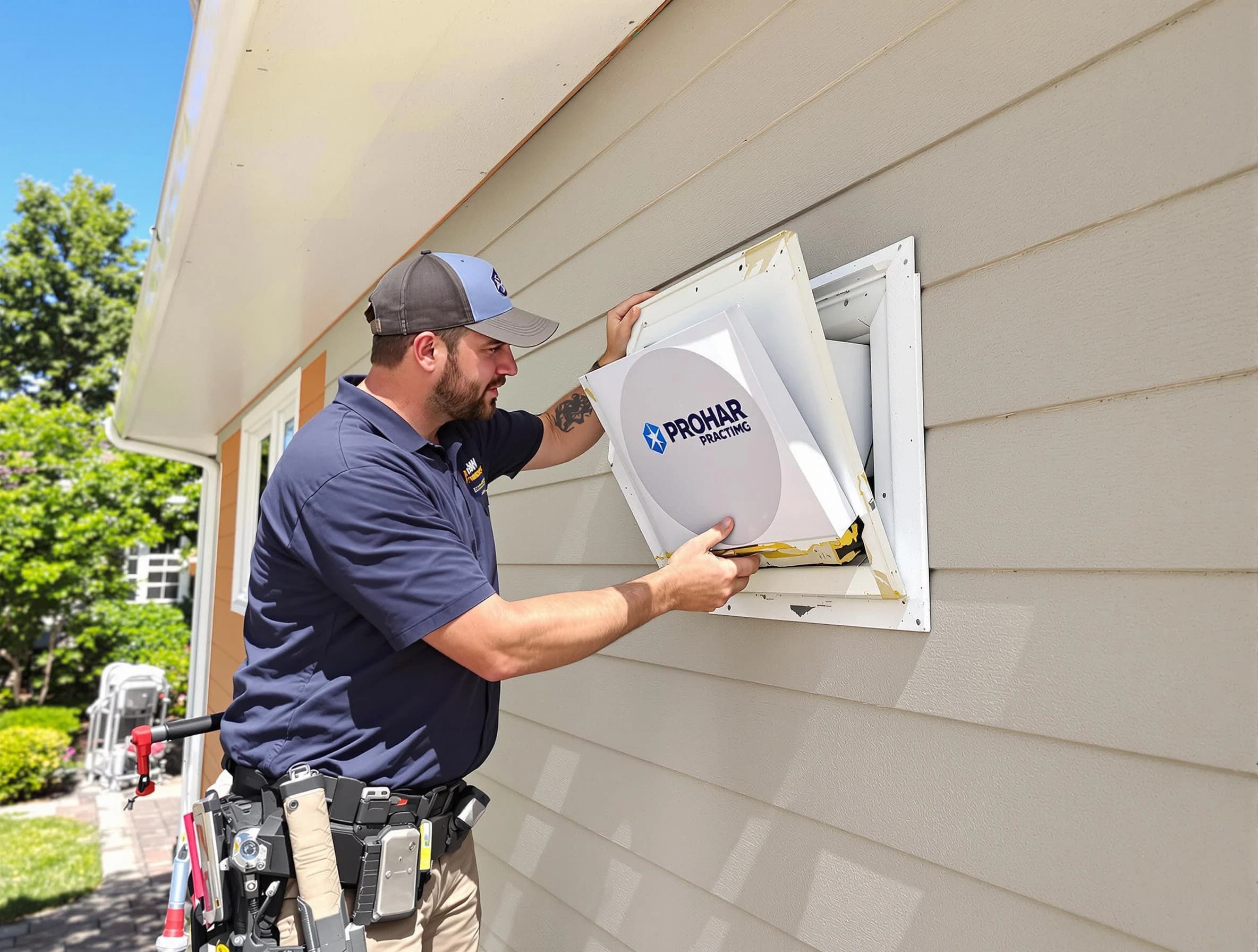 Swissvale Dryer Vent Cleaning technician installing a new protective dryer vent cover on a home in Swissvale
